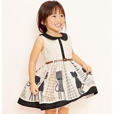 PALIGHT Baby Girls Cute Kucing Cetakan Putri Gaun Satu Potong Gaun Gaun Tanpa Lengan dengan Sabuk-Intl