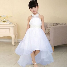 Polonium Nyaman Pakaian Anak-anak Kid Girl Long Pernikahan Putri Bridesmaid Bowknot Lapisan Baju Putih 3-9Years-Intl