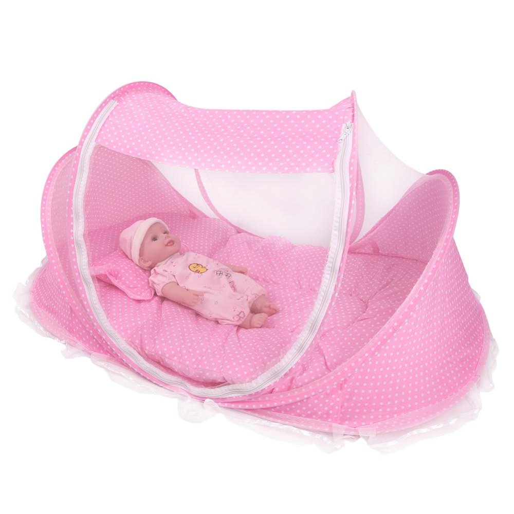 Portabel Lipat Nyamuk Net Anti-BUG Crib Tenda dengan Kasur Bantal Merah Muda-Intl