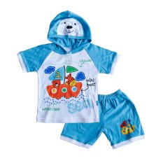 Skabe Baju Anak Bayi W/Tua Tangan Pendek Kimono Topi Stelan Kaos 1696 - Biru