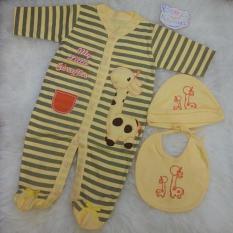 Sleepsuit Bayi Tutup Kaki Giraffe Baju Kodok + Slabber + Topi Kupluk