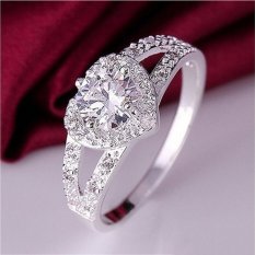 Wanita Perak Berlapis Kristal Cinta Hati Berbentuk Cincin Pengantin Pernikahan Perhiasan Perak Size6-Intl