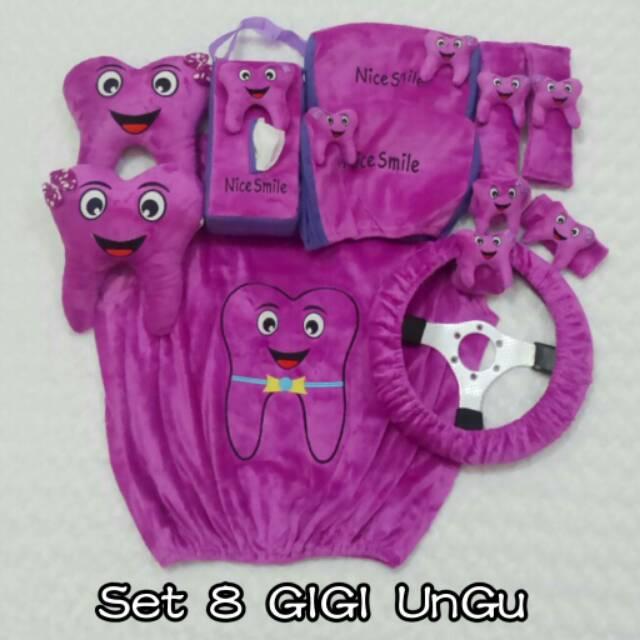 Murah Bantal Mobil 8 in 1 Headrest GIGI Bordir Warna Biru Tua, Pink