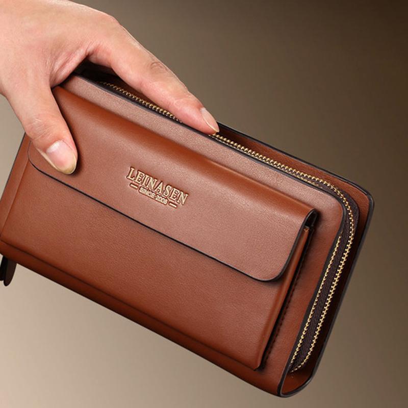 Clutch Bag Men Genuine Leather Luxury Handmade Casual Wrist Strap Wallet Double Zipper Long Storage Purses