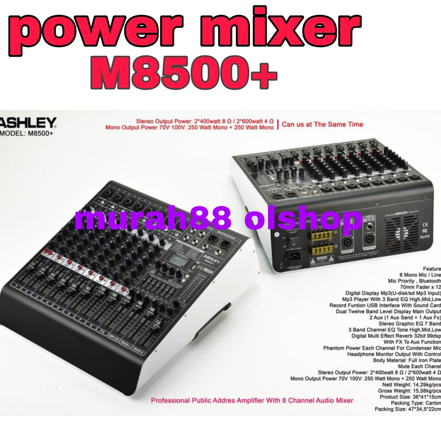 power mixer ashley m8500+ m 8500+ m8500 8channel plus ampli toa mixer