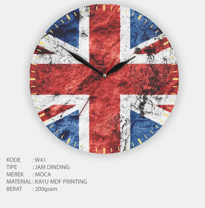 Jam Dinding Bulat Moca Motif Bendera Inggris Creative Design Modern Dekorasi Hiasan Rumah Unik Unique Design Klasic Classic Clock Hias Penghias