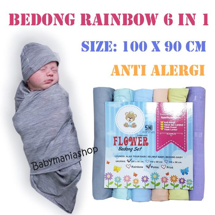 Bedong Rainbow isi 6pcs Kain Bedong Flower Bedong Bayi 6in1 Polos Selimut Swaddle Wrap Baby Babymaniashop