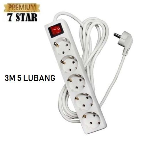 Stop Kontak Listrik 5 Lubang Original SNI 7STAR + Gratis Kabel Panjang 3 Meter - Putih