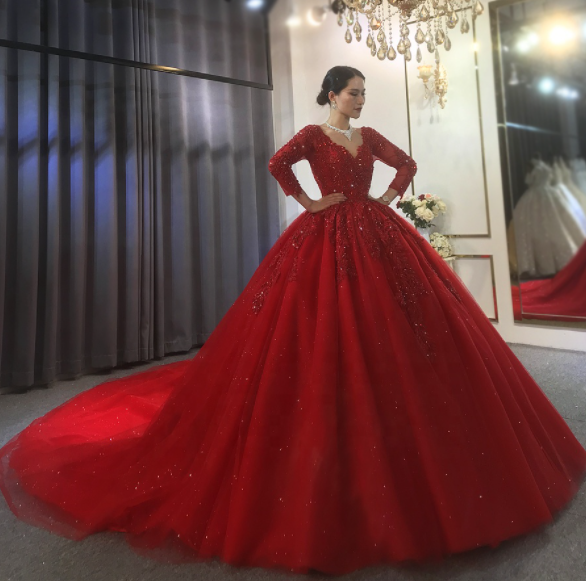 red wedding dress with long lace 