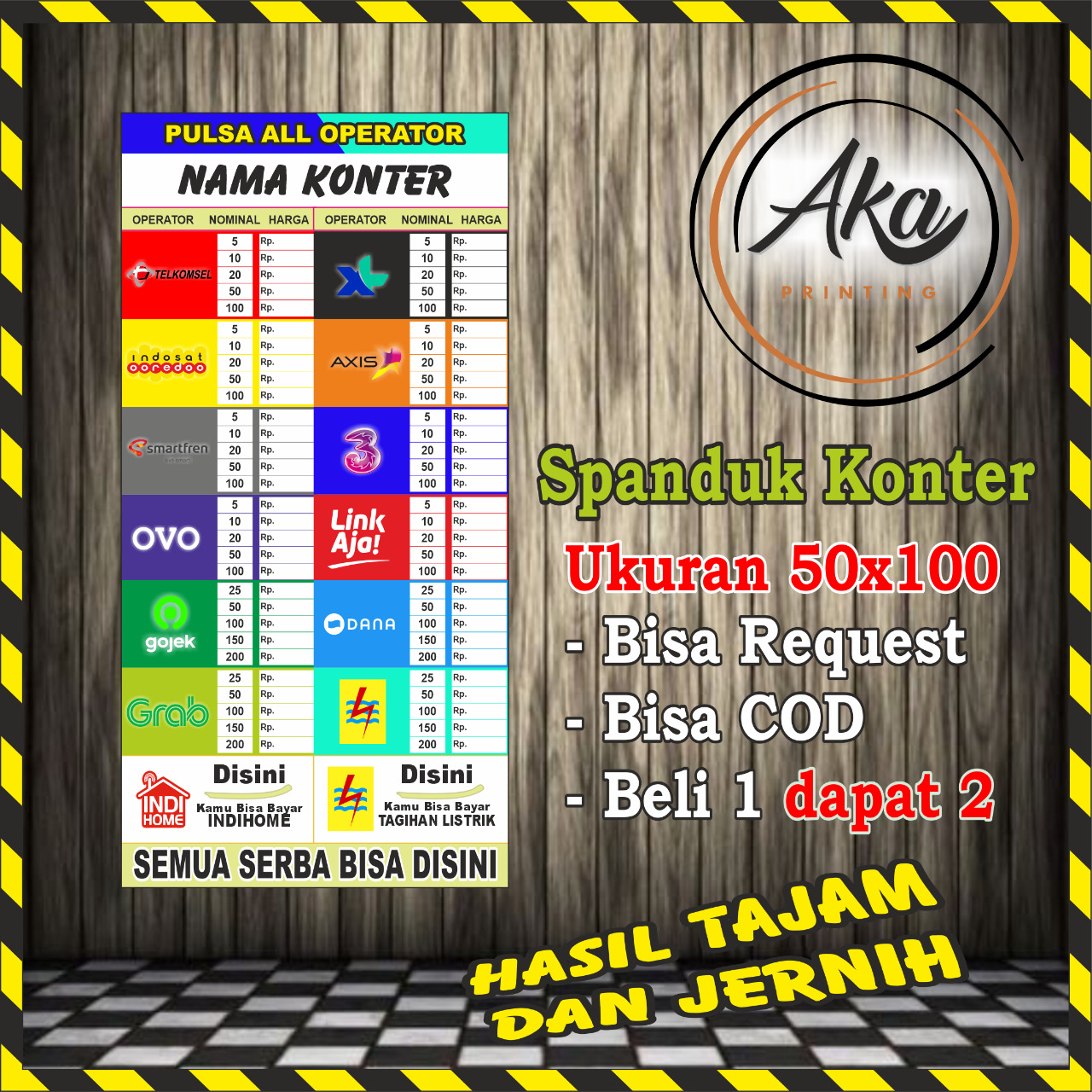 AKA PRINTING | 2PCS CETAK SPANDUK DAFTAR HARGA KUOTA | SPANDUK DAFTAR