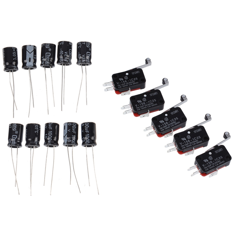 10Pcs 1000UF 10V 105C Radial Electrolytic Capacitor with 5Pcs 16A/250VAC 4A/250VAC 3 Terminals Miniature Micro-Switch