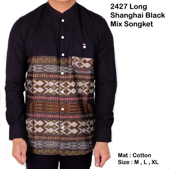 HARGA SPESIAL!!! kemeja cowok polos navy lengan panjang mix batik slimfit baju batik panjang pria navy