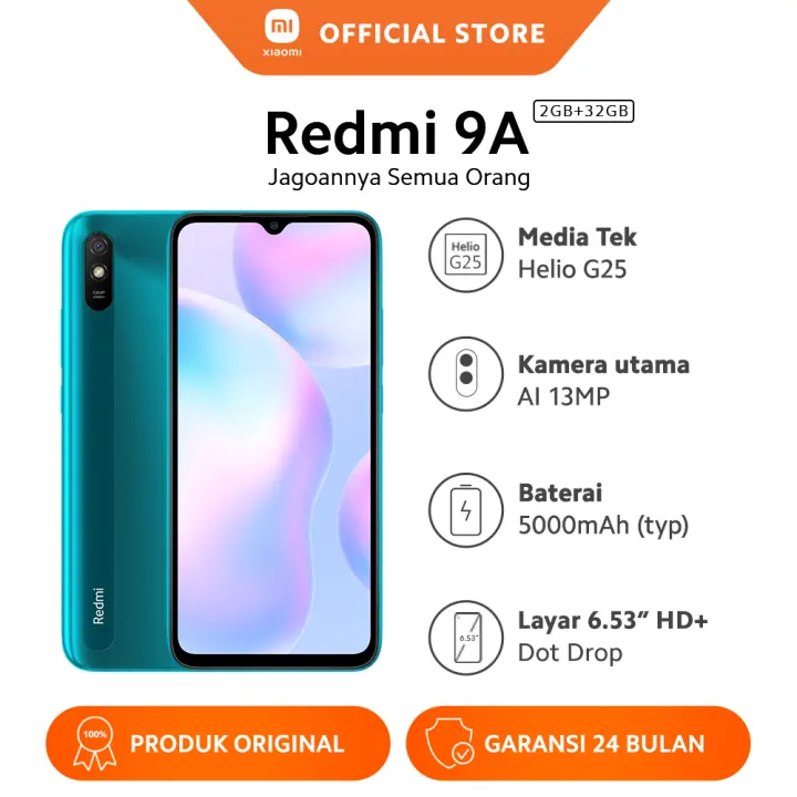 Xiaomi Redmi 9A (2GB + 32GB) Layar DotDrop 6.53" HD+, Baterai 5000mAh 34  Hari Standby, Prosesor Helio G25, 13MP AI | 5W1H Indonesia