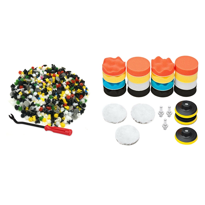 1 Set Plastic Rivets Fastener Fender Bumper Push Pin Clips & 1 Set 3 Inch Polishing Buffing Pad Kit with Suction Cups