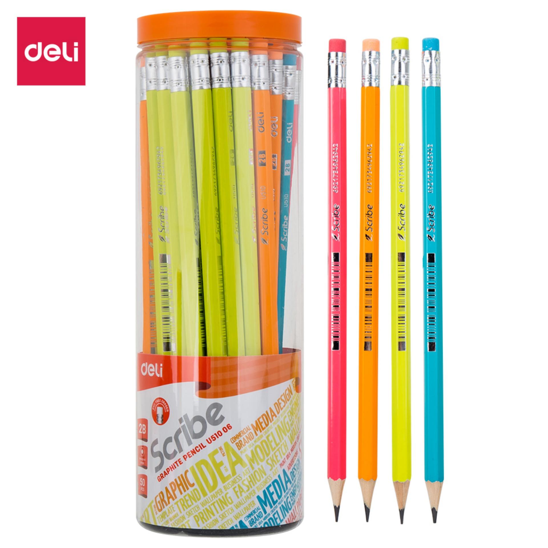 Deli Pensil / Pencil - 2B 50pcs/tabung - Sudah diasah & dapet penghapus gratis - Basswood berkualitas tinggi, Warna cerah, Ekonomis / High Quality Basswood, Bright Colors, Economic Choice (EU51006)