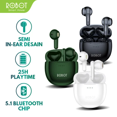 Robot Earphone Airbuds T10 Waterproof IPX4 Semi-In-Ear TWS True Wireless Stereo Original - Garansi 1 Tahun