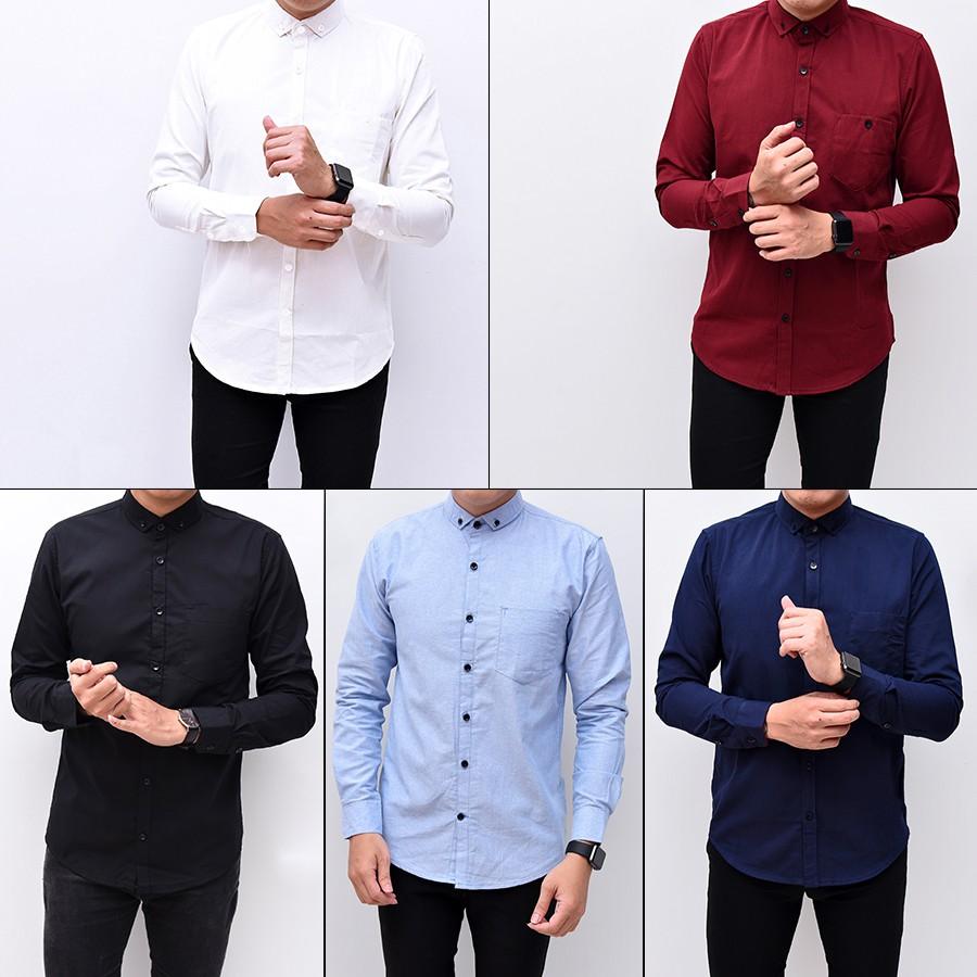 HARGA DISKON!!! Kemeja Polos Pria Lengan Panjang Putih Hitam Biru Dongker Navy Marun Slimfit Kasual Formal Cowok