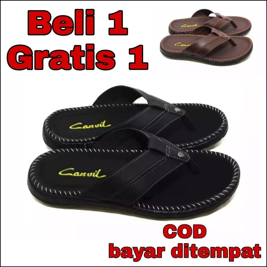 BELI 1 GRATIS 1 SANDAL PRIA KULIT SINTETIS SLOP SELOP FLIP FLOP JAPIT ...