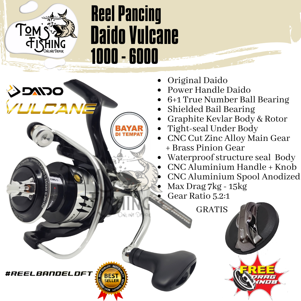 Reel Pancing Daido Vulcane 1000 - 6000 (6+1 Bearing) Power Handle Full Seal  Bearing - Toms Fishing