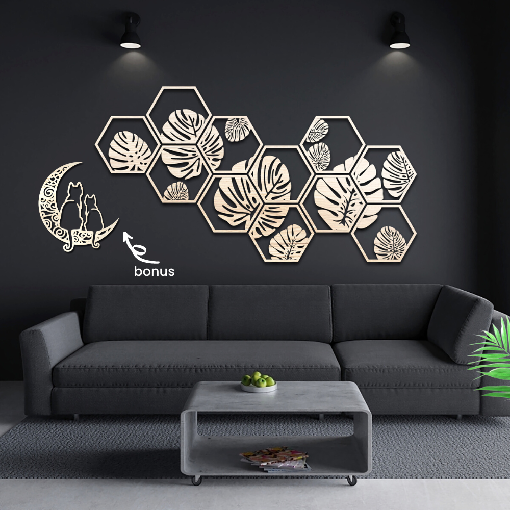 Dekorasi Dinding Kayu Classic Monstera Hexagonal 1.4m Hiasan Ruang ...