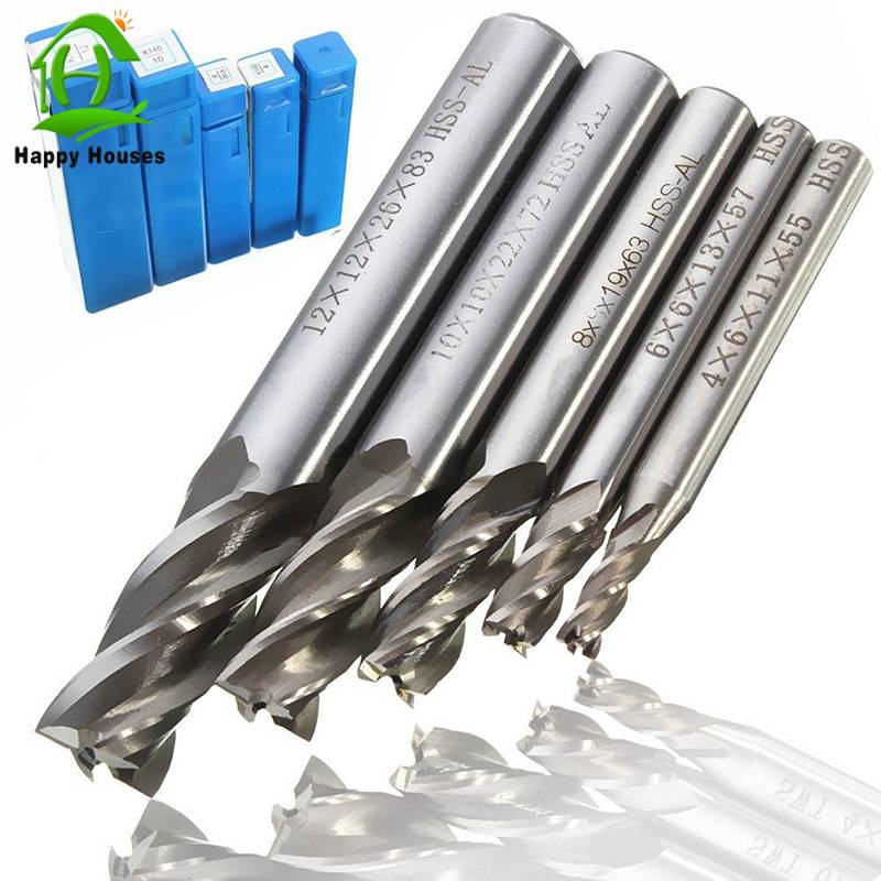 HAPPY HOUSES 5Pcs Mill Cutter HSS CNC Straight Shank End Mills High Speed Steel Super Hard Aluminum Milling Cutter Drill Bit Tool 4/6/8/10/12mm CNC Router Bit Straight Shank HSS End Mill