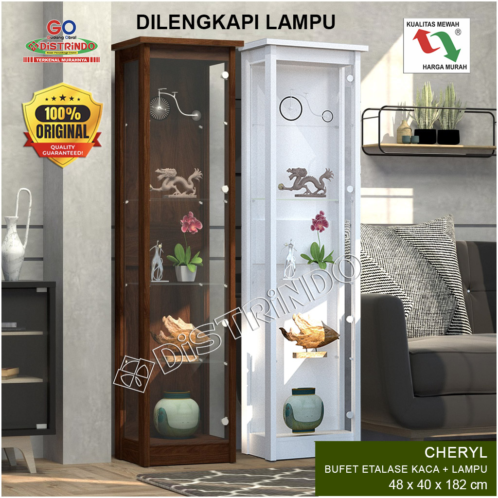 Distrindo - Lemari Hias Kaca Etalase Pajang Ruang Tamu + Lampu