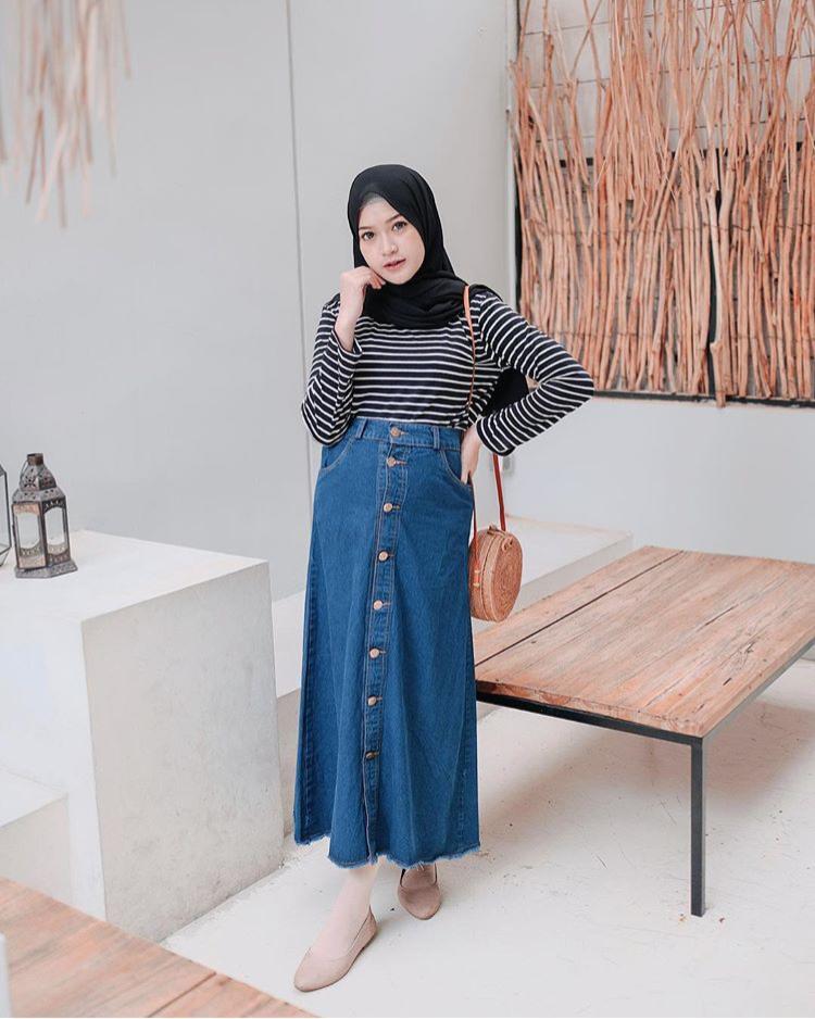 Button SKIRT JEANS rok denim payung kancing muslim PREMIUM IMPORT