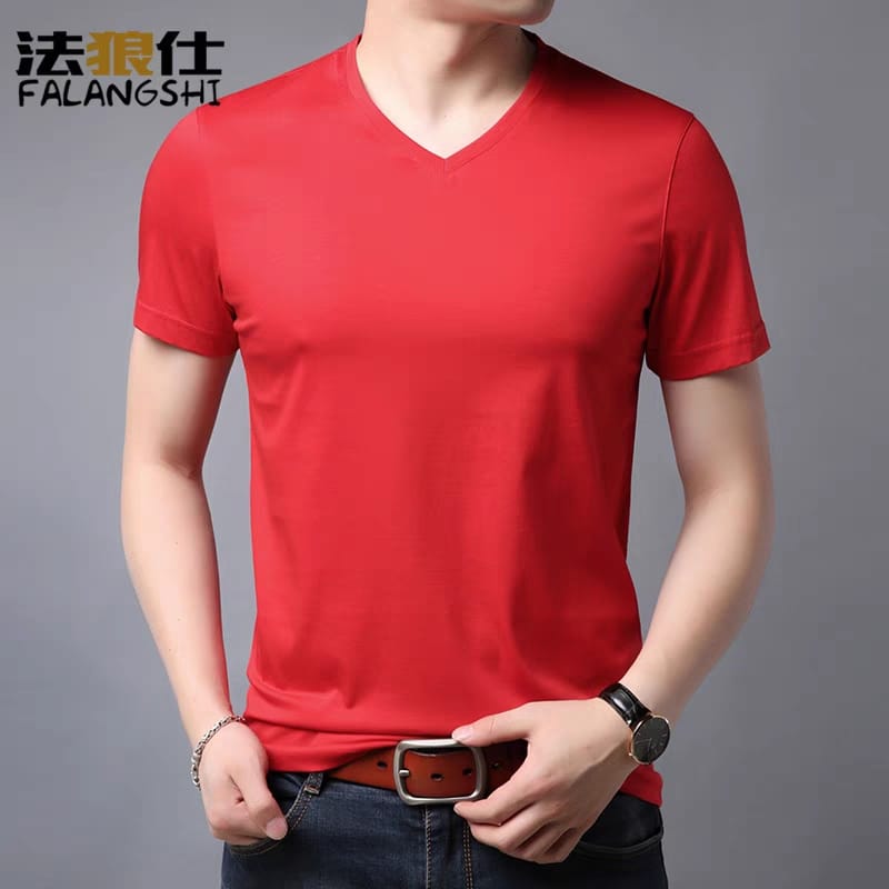 KAOS POLOS T-SHIRT LEHER V-NECK PRIA 