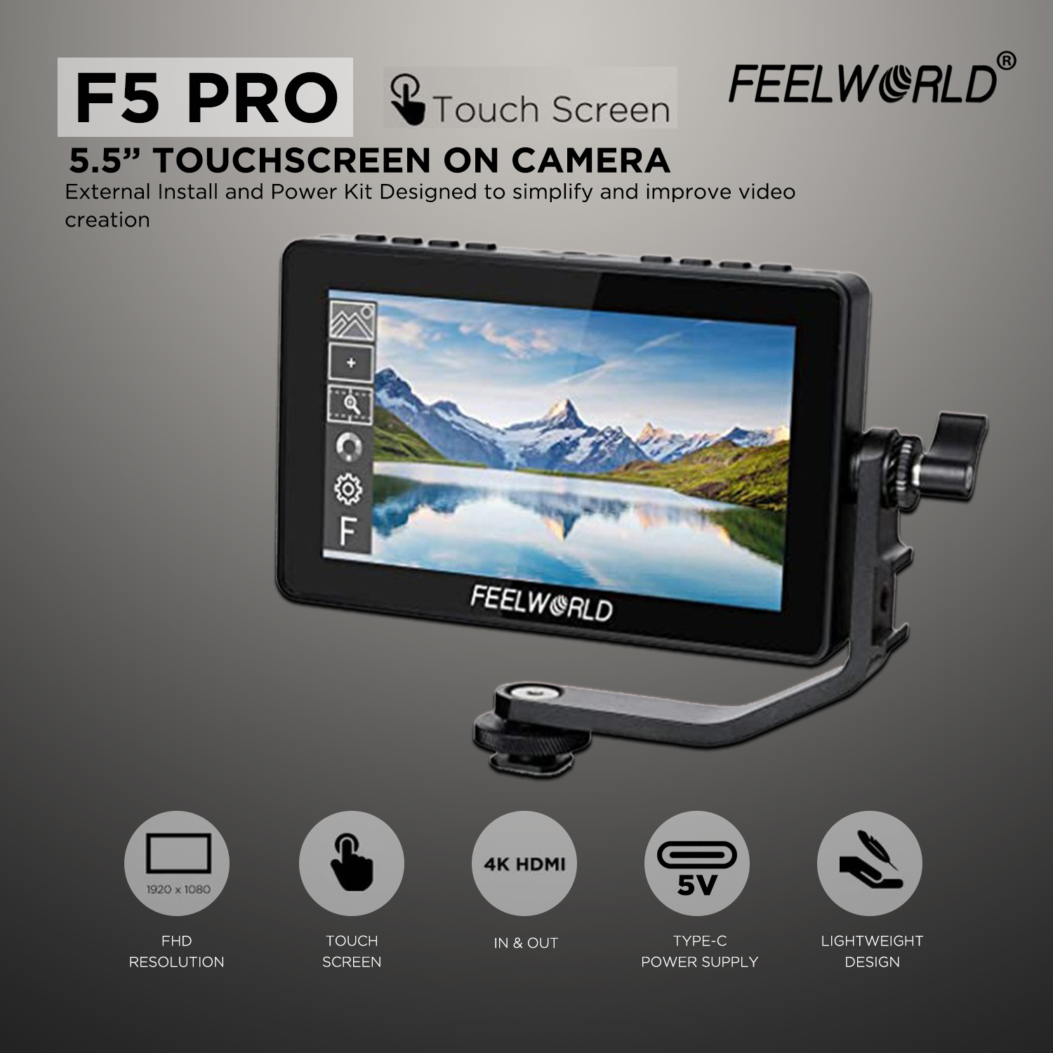 FEELWORLD F5 Prox 5.5 Inch Field Monitor High Bright 1600 Nit 4K 1920x1080 DSLR HDMI Touch Scree Camera IPS FHD Video Assist Tilt Arm (F5 Prox With Battery
