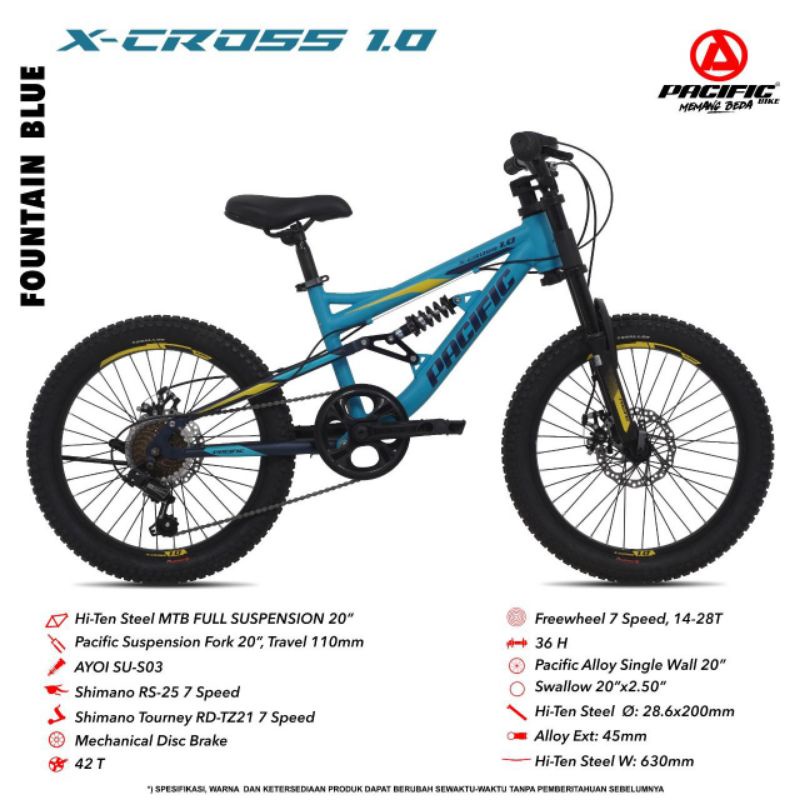 sepeda gunung sepeda mtb 20 pacific x-cross full suspention