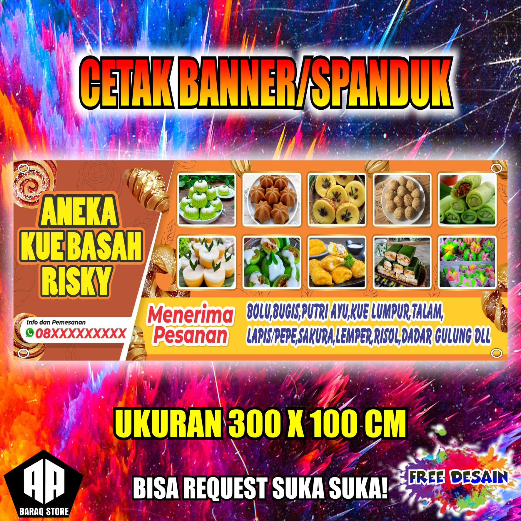 Cetak Banner Cetak Spanduk Aneka Kue Basah Rizky Ukuran 300X100 CM BISA ...