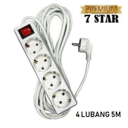 Stop Kontak Listrik 4 Lubang Original SNI 7STAR + Gratis Kabel Panjang 5 Meter - Putih