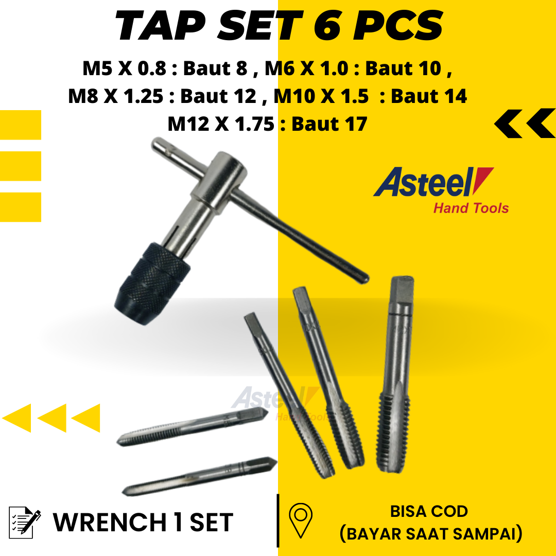 ASTEEL Hand Tap Senai Wrench set ukuran mur M5M12 Adjustable 6pcs
