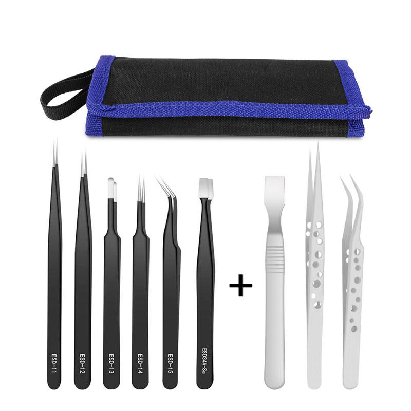 thumbnail image 2 of 10Pcs ESD Anti-static Precision Tweezers Set – Stainless Steel, Non-magnetic Tips, Repair Kit 2 of 3