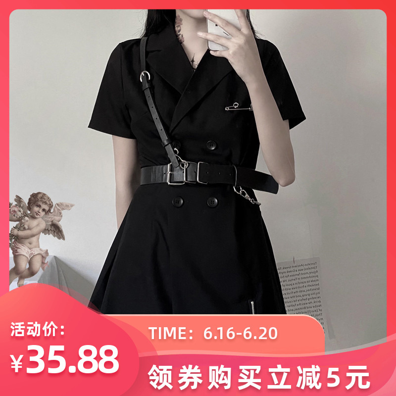 Phong Cách Retro Phong Cách Hồng Kông Chic2020 Đen Đôi Ngực Khoét Sâu Ngắn Tay Áo Váy Công Sở Đen Tối Sở Thiếu Nữ Ins Đầm