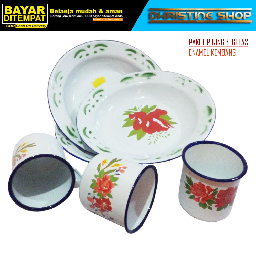 Paket Piring Seng Dan Gelas Seng Motif Kembang [3 Gelas Dan 3 Piring