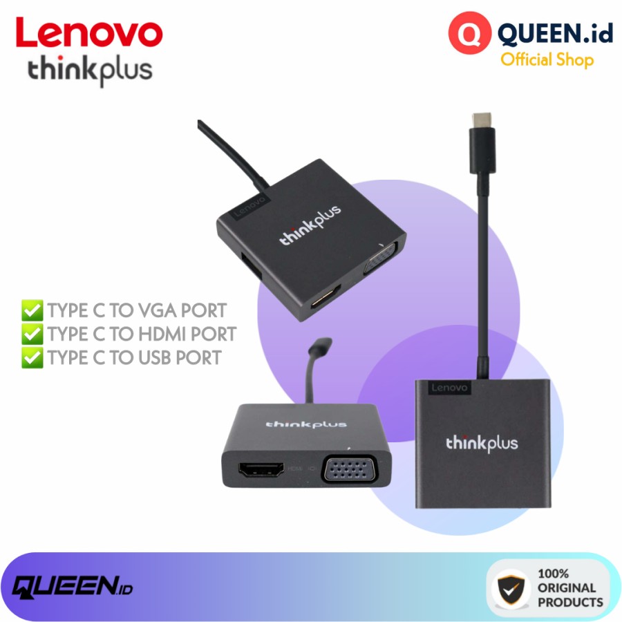 Lenovo ThinkPlus 3 in 1 Versatile Video Adapter Converter USB TYPE C TO