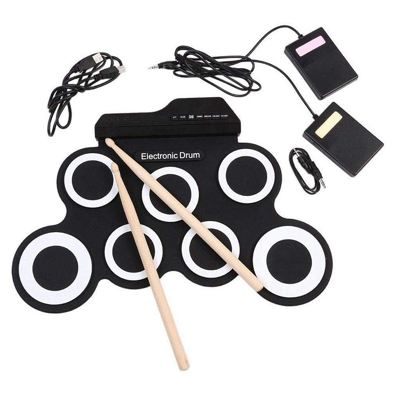 Digital Electronic Roll Up Drum Pad Set Kit - Portable Silicone USB 7 Pads with DrumSticks Foot Pedal Headphone Jack