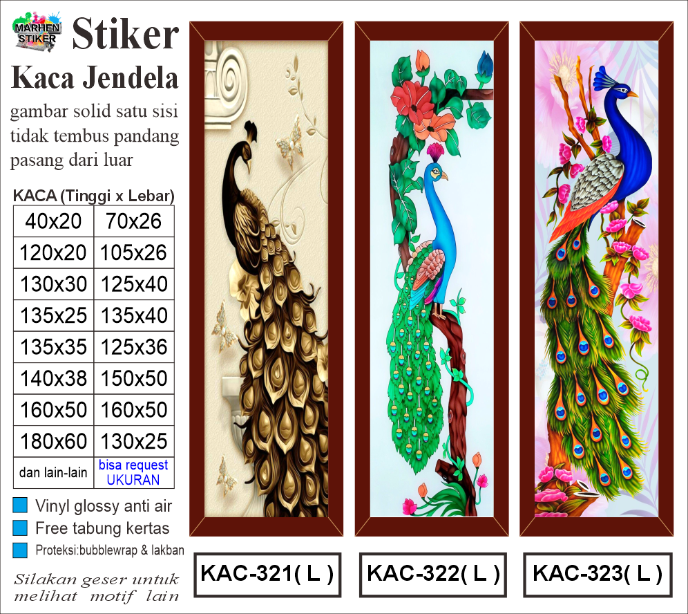 Stiker kaca jendela dan pintu motif merak (gambar solid satu sisi/tidak ...