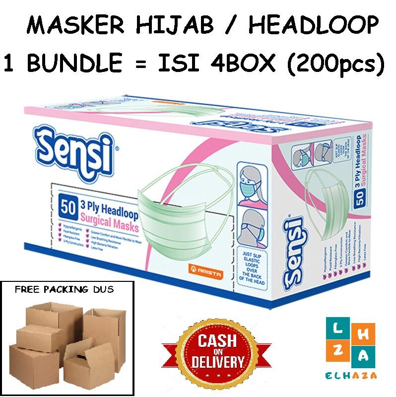 Bundle isi 4box PREMIUM Sensi Masker HEADLOOP 3 ply untuk HIJAB JILBAB