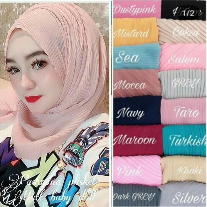 R3-Hijab Jilbab Pashmina Kerudung Panjang Plisket Polos Ceruti BabyDoll