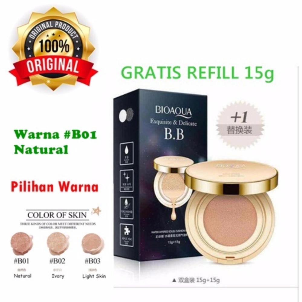 [01] Natural - Bioaqua Exquisite and Delicate BB Cream Air Cushion Pack Gold Case SPF 50++ Foundation Make Up Wajah + Free Refill