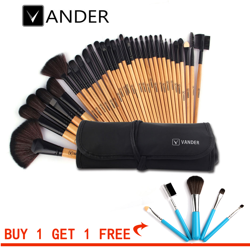 32 Pcs Vander Kayu Fashion Kuas Kosmetik Alis Bibir Shadow Makeup Brush Set Kit + Pouch Bag (Beli 1 Mendapatkan 1 Gratis)