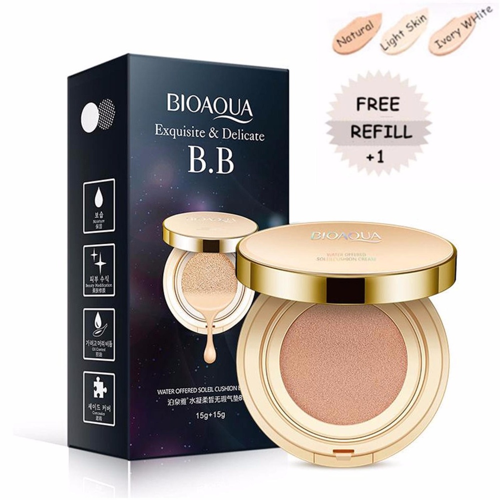 Bioaqua Exquisite and Delicate BB Cream Air Cushion Pack Gold Case SPF 50++ Foundation Make Up Wajah Bersih + Free Refill - Ivory White Bioaqua Exquisite and Delicate BB Cream Air Cushion Pack Gold Case SPF 50++ Foundation Make Up Wajah Bersih + Free Refill - Ivory White