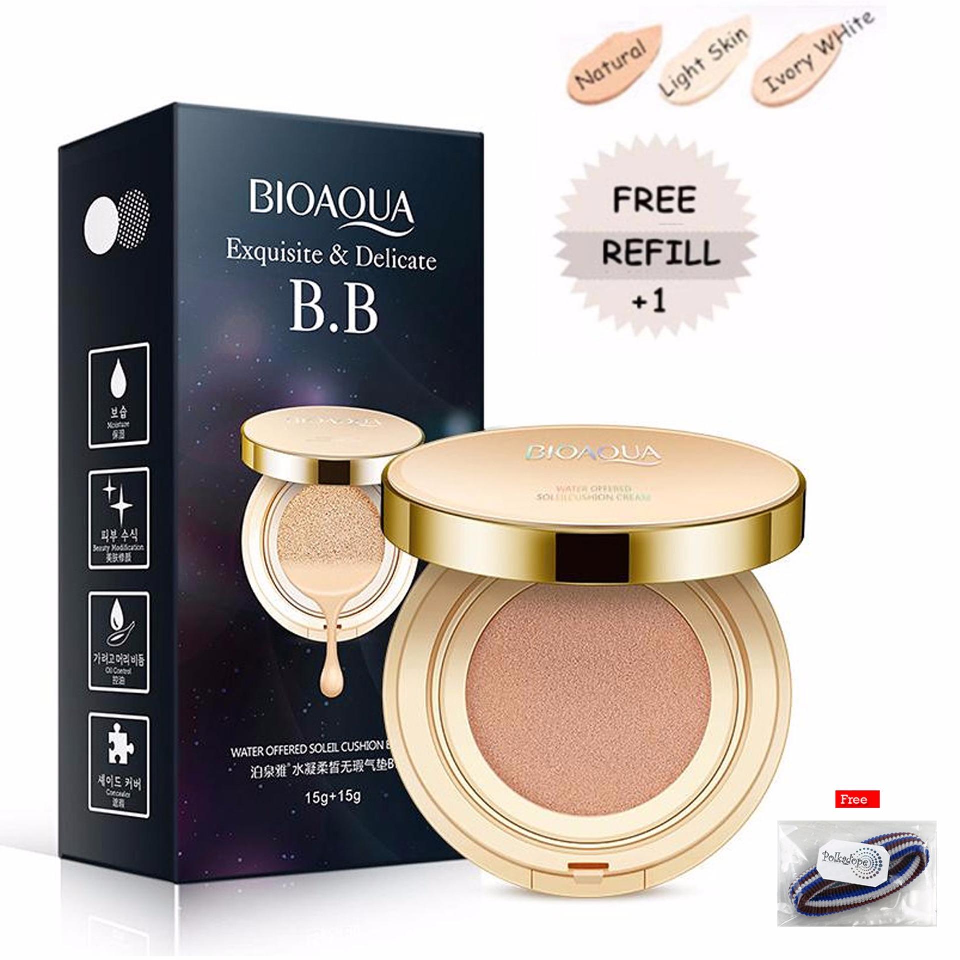 Bioaqua Exquisite and Delicate BB Cream Air Cushion Pack Gold Case SPF 50++ Foundation Make Up Wajah Bersih Free Refill -  Natural + Free Ikat Rambut Polkadope - 1 Pcs