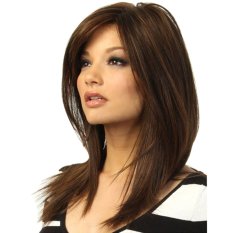 Bluelans® Perempuan Coklat Gelap Sebagian Poni Lurus Penuh Rambut Wig Yang Tahan Panas