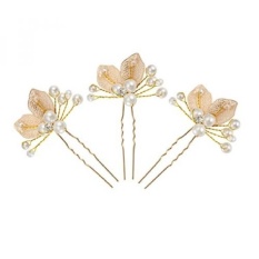 DJ 3 Pcs Daun Emas Handmade Mutiara dan Clear Crystal Bridal Wedding Pin Rambut Klip Aksesoris Kepala untuk Styling Wanita -Intl