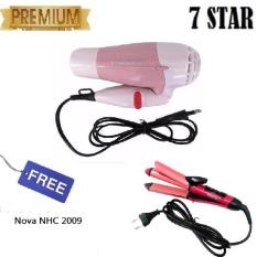 Fleco Hair Dryer Mini Lipat Pengering Rambut - Pink + Gratis Catok Pelurus dan Keriting Rambut Nova 2 IN 1 NHC 2009