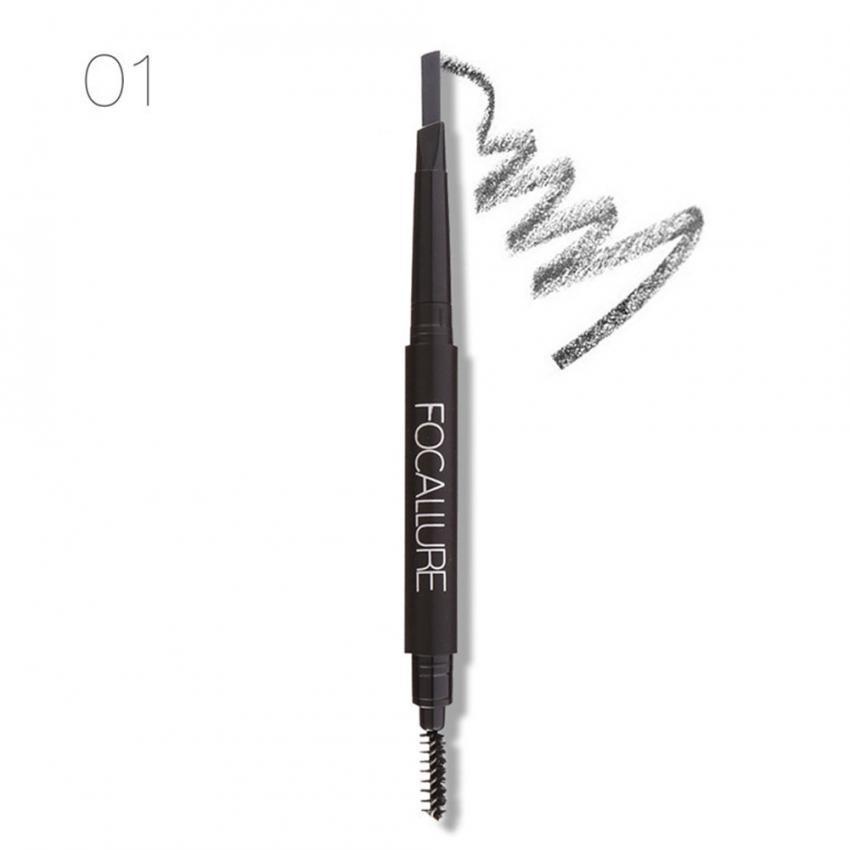 （Beli 1 Gratis 1) FOCALLURE Pensil Alis Berkepala Ganda dengan Kuas Pen Alat Kosmetik Makeup Tahan Air (Dark Gray) - intl