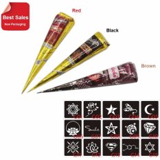 Golecha 3pcs Henna Cones Red Brown Black + 15 Stencils 6 * 6cm Temporary Tattoo Kits Body Art Mehandi Ink For Body Paint